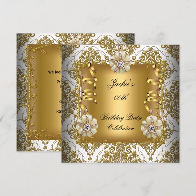 Invitation Fête d'anniversaire Élégant Or Blanc Argent Damass (Devant / Derrière)