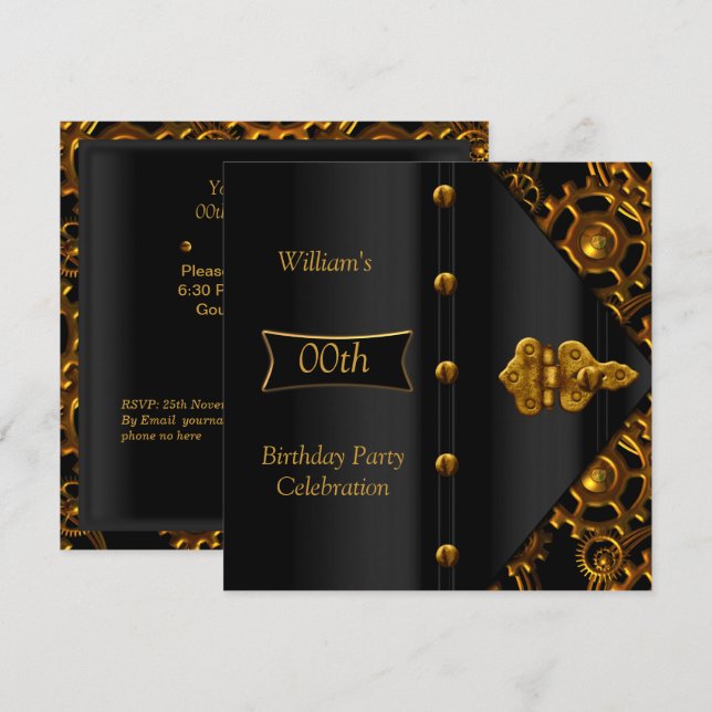 Invitation Fête d'anniversaire élégant or noir steampunk (Devant / Derrière)