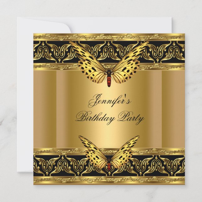Invitation Fête d'anniversaire élégant papillon noir or (Devant)