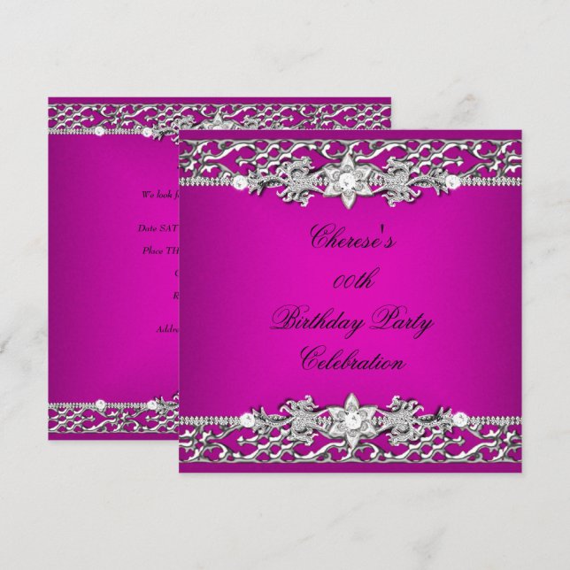 Invitation Fête d'anniversaire Élégant Rose Chaud Argent Diam (Devant / Derrière)