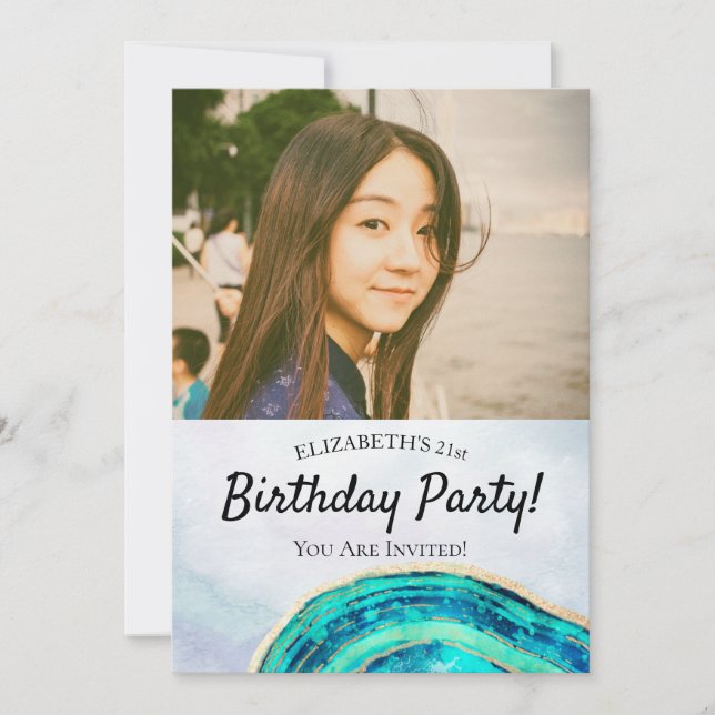 Invitation Fête d'anniversaire Elegant Turquoise Gold Agate G (Devant)