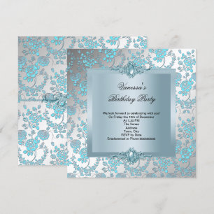 Invitation Fête d'anniversaire élégante à fleurs en damas ble
