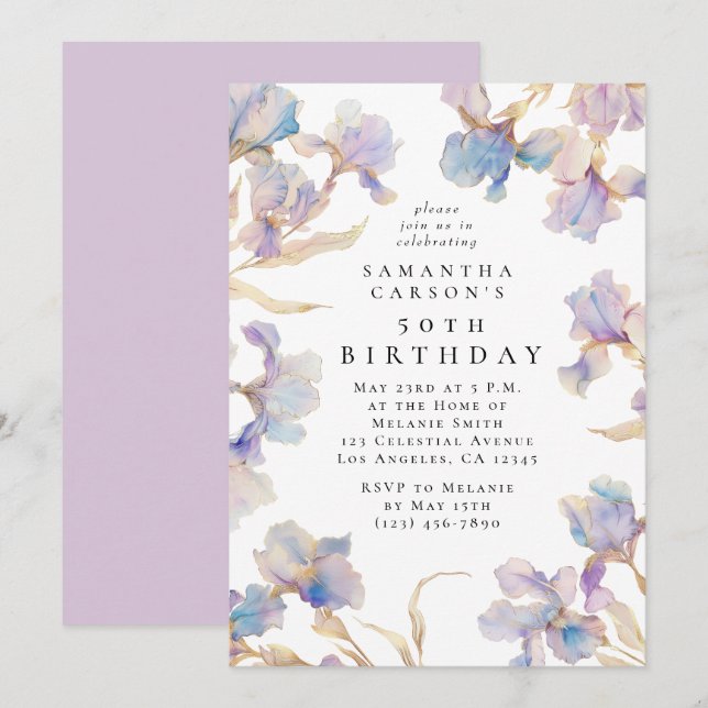 Invitation Fête d'anniversaire élégante à l'aquarelle avec ir (Devant / Derrière)