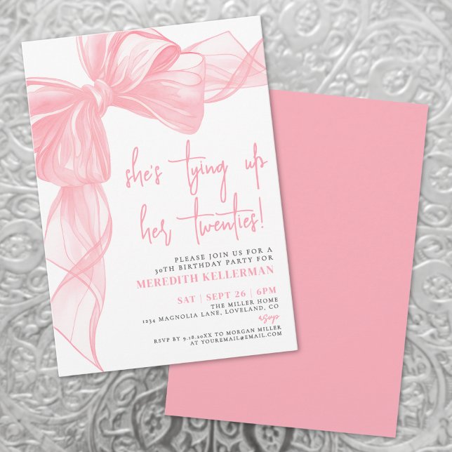 Invitation Fête d'anniversaire élégante à l'aquarelle avec un (Elegant Watercolor Pink Bow Birthday Party Invitation)