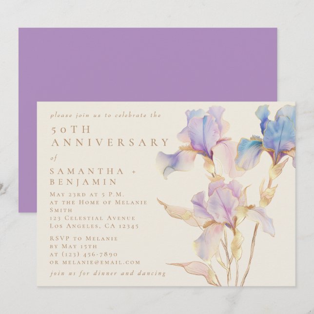 Invitation Fête d'anniversaire élégante à l'aquarelle Iris fl (Devant / Derrière)