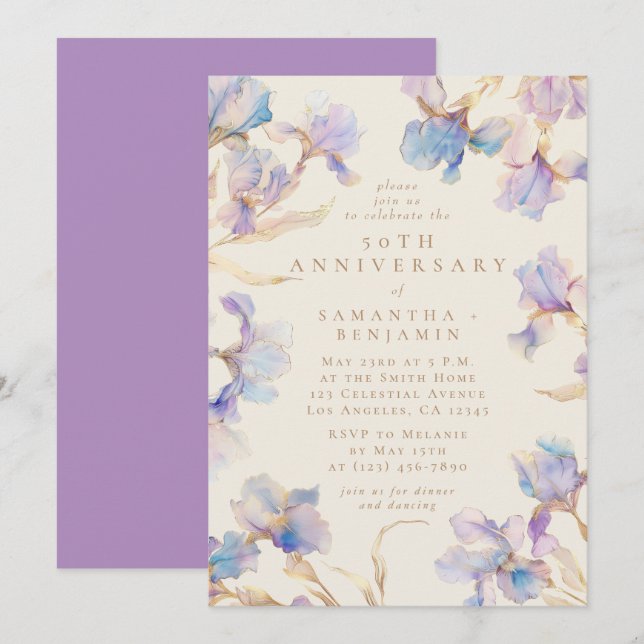 Invitation Fête d'anniversaire élégante à l'aquarelle Iris fl (Devant / Derrière)