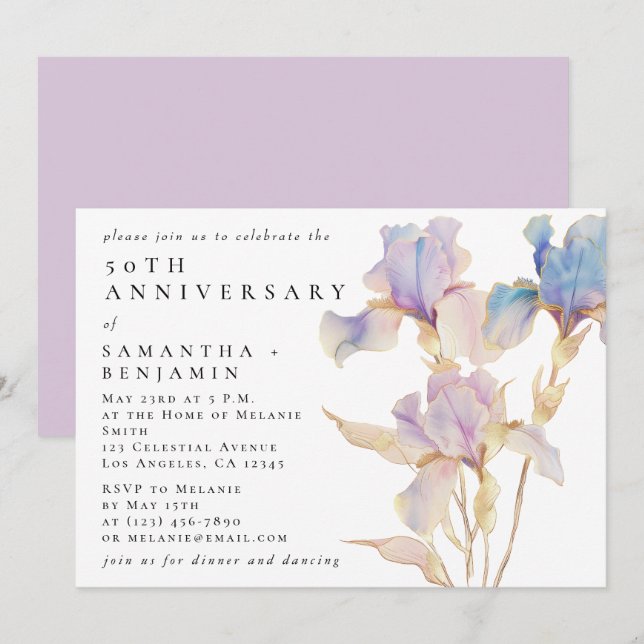 Invitation Fête d'anniversaire élégante à l'aquarelle Iris fl (Devant / Derrière)