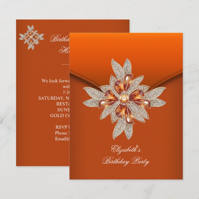 Invitation Fête d'anniversaire élégante ambre orange brûlé (Devant / Derrière)