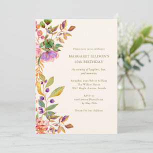 Invitation Fête d'anniversaire élégante aquarelle florale 60 