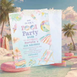 Invitation Fête d'anniversaire élégante aquarelle piscine  8 