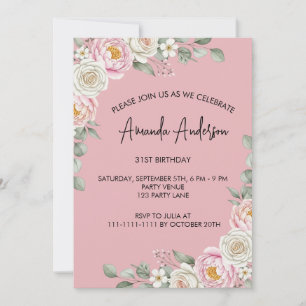 Invitation Fête d'anniversaire élégante aquarelle rose tendre