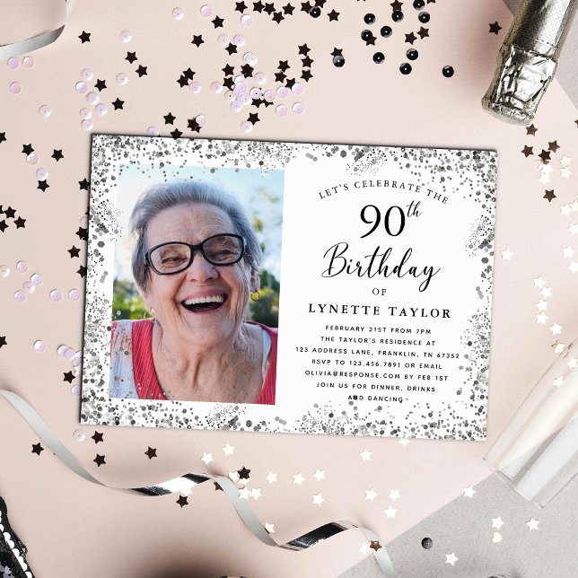 Invitation Fête d'anniversaire élégante Argent 90 ans (Créateur téléchargé)