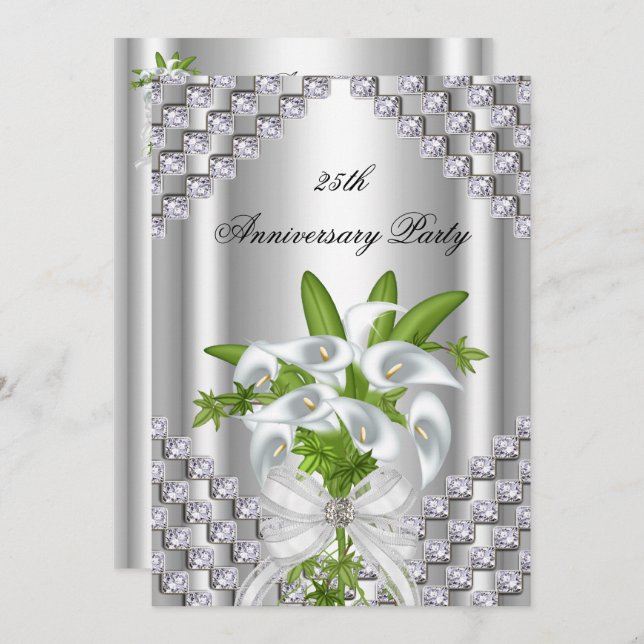 Invitation Fête d'anniversaire élégante argent blanc floral 2 (Devant / Derrière)