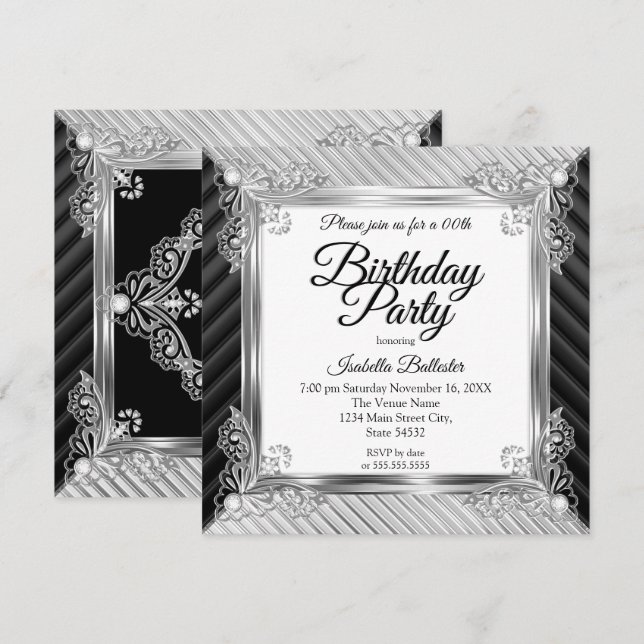 Invitation Fête d'anniversaire élégante argent chrome noir di (Devant / Derrière)