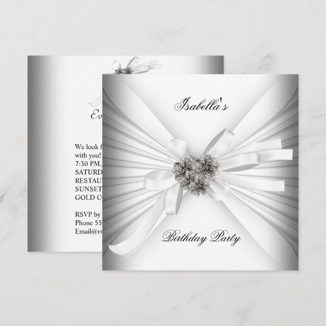Invitation Fête d'anniversaire élégante argent et blanc (Devant / Derrière)