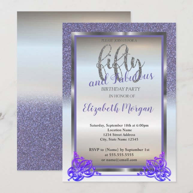 Invitation Fête d'anniversaire élégante argent et violet pail (Devant / Derrière)