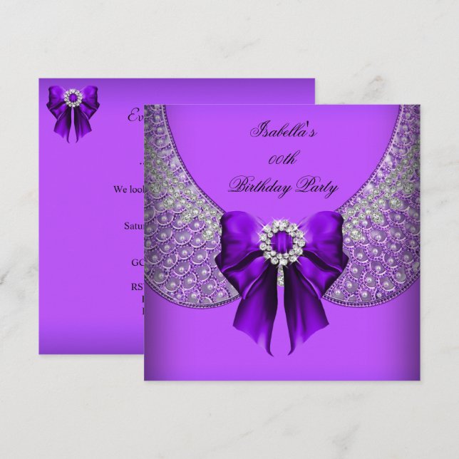Invitation Fête d'anniversaire élégante argent violet (Devant / Derrière)