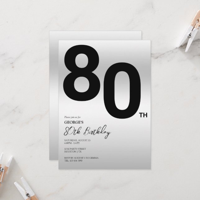 Invitation Fête d'anniversaire élégante argentée pour les 80  (Devant/Arrière en situation)