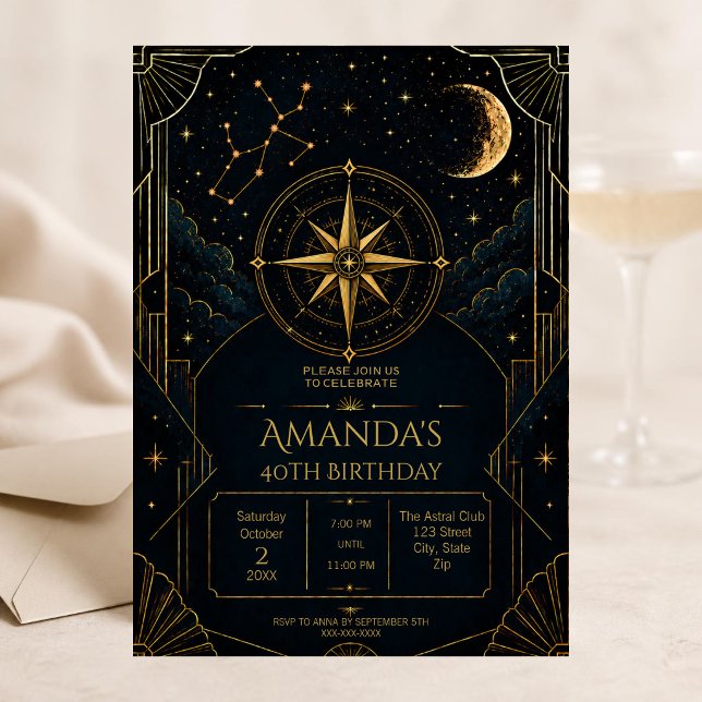 Invitation Fête d'anniversaire élégante Art Déco Sagittaire 4 (Dark Art Deco Sagittarius zodiac 40th birthday invitation with celestial details and elegant moody)