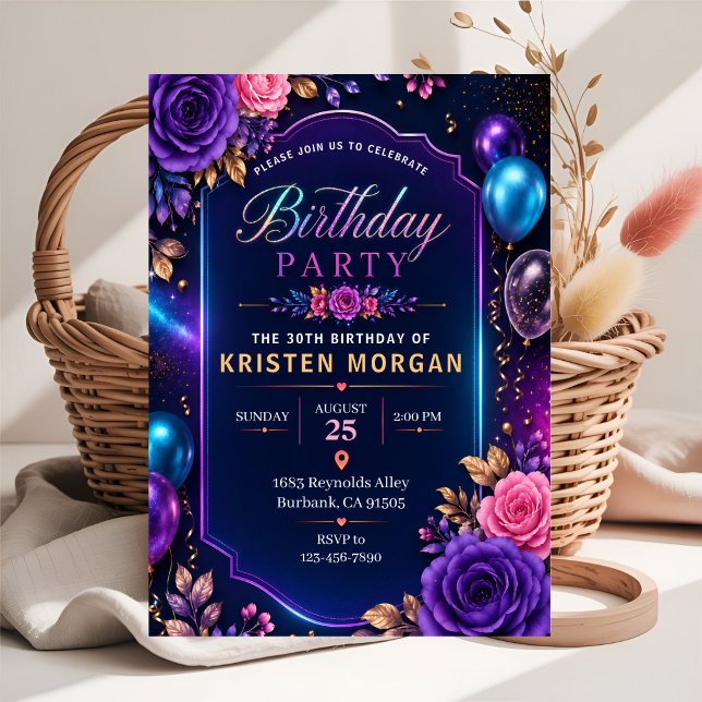 Invitation Fête d'anniversaire élégante aux fleurs néon (Créateur téléchargé)
