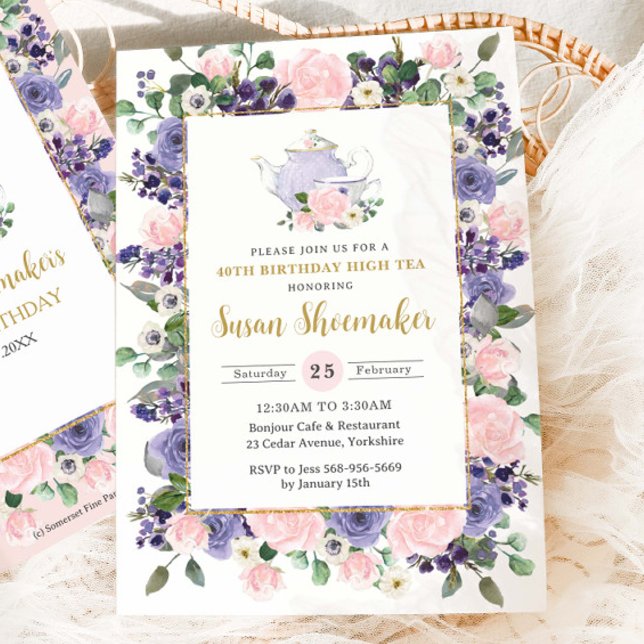 Invitation Fête d'anniversaire élégante aux fleurs roses et v (elegant purple and blush pink floral birthday high tea party invitation card)