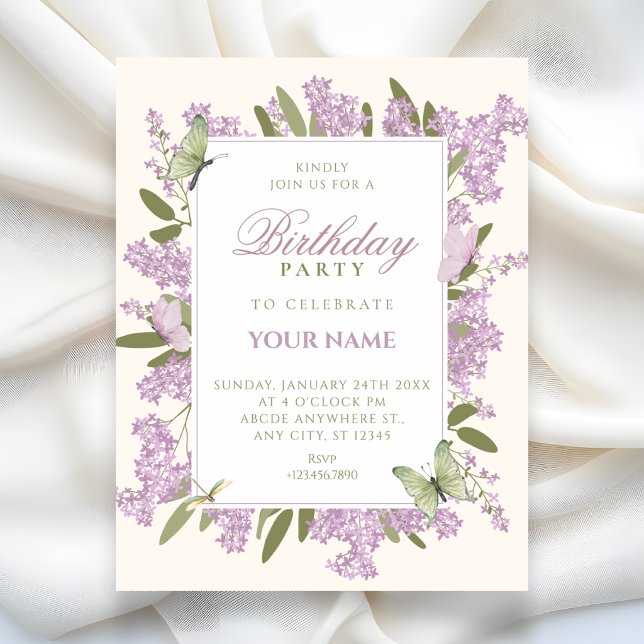 Invitation Fête d'anniversaire élégante aux fleurs violettes (Créateur téléchargé)