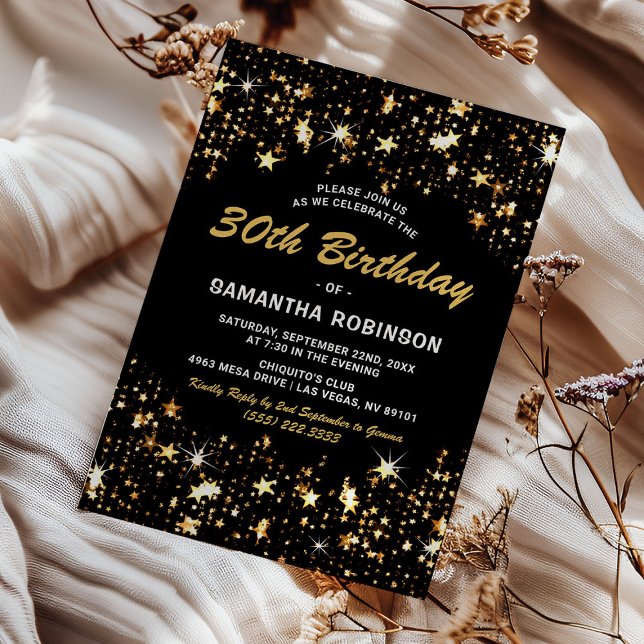 Invitation Fête d'anniversaire élégante avec étoiles dorées p (Créateur téléchargé)