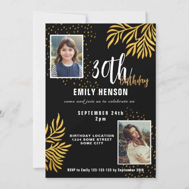 Invitation Fête d'anniversaire élégante avec feuillage doré 2 (Devant)