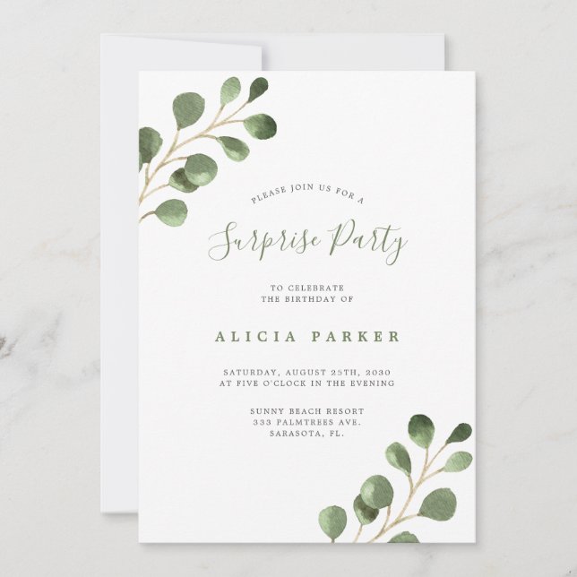 Invitation Fête d'anniversaire élégante avec feuilles d'eucal (Devant)
