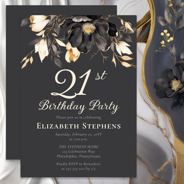 Invitation Fête d'anniversaire élégante avec fleurs de magnol (Elegant magnolia 21st birthday invitation with soft buttercream typography on charcoal background)