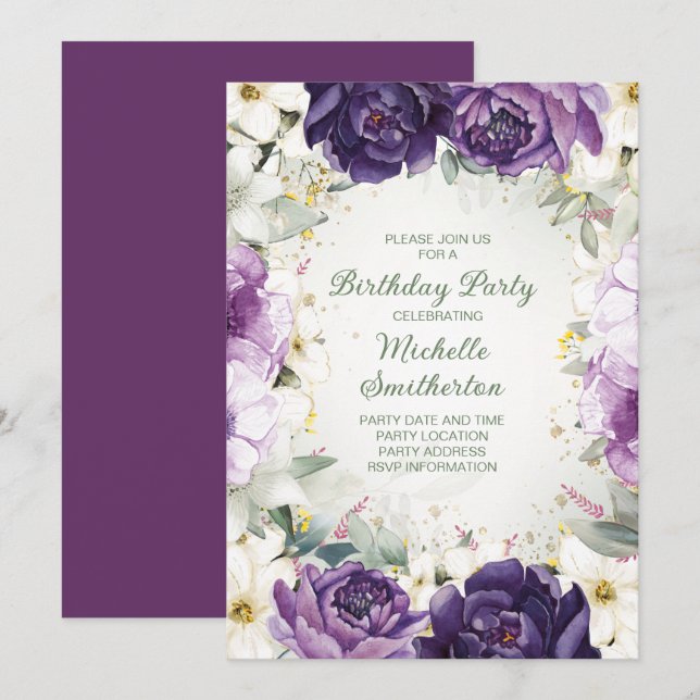 Invitation Fête d'anniversaire élégante avec fleurs violettes (Devant / Derrière)