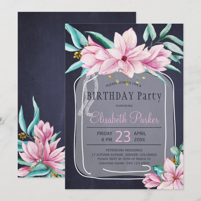 Invitation Fête d'anniversaire élégante avec jarre de maçon f (Devant / Derrière)