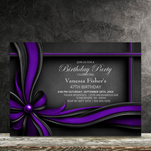 Invitation Fête d'anniversaire élégante avec ruban violet et  (Créateur téléchargé)