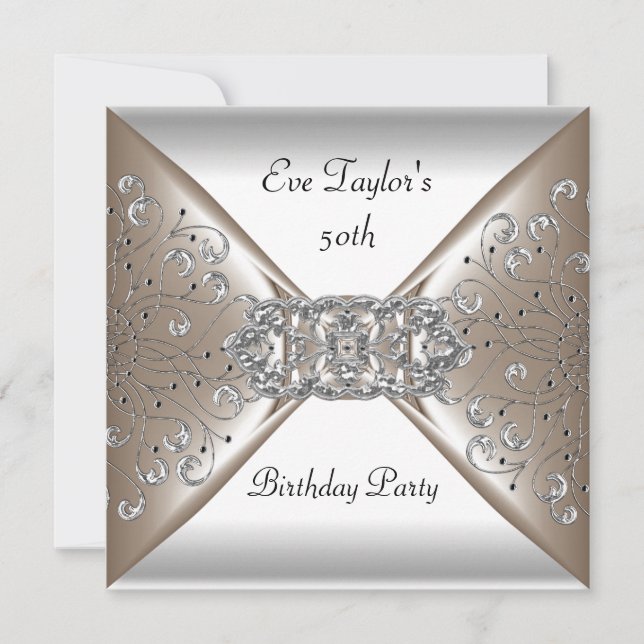 Invitation Fête d'anniversaire élégante beige argent blanc 50 (Devant)