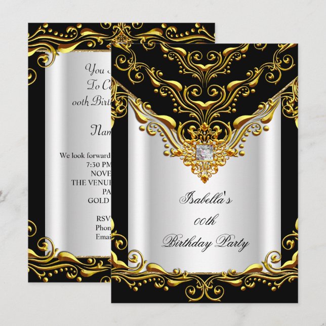 Invitation Fête d'anniversaire élégante blanc argent noir or (Devant / Derrière)