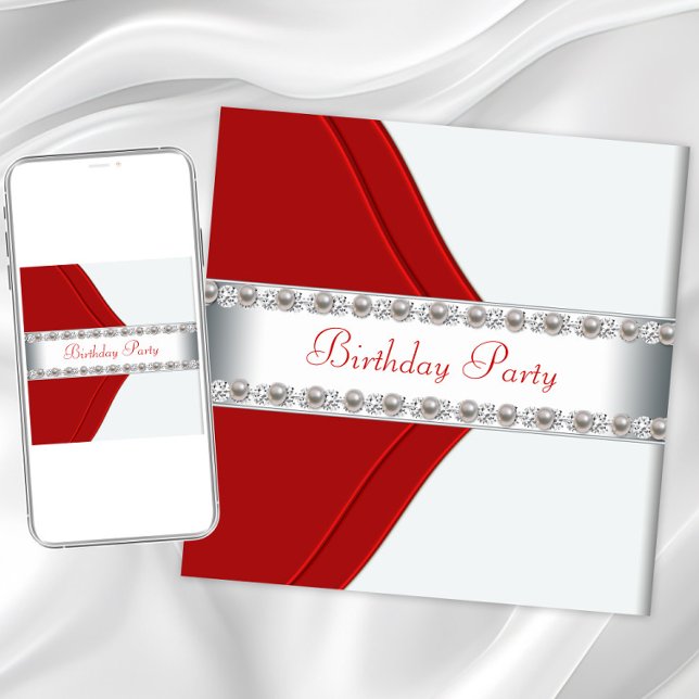 Invitation Fête d'anniversaire élégante blanche et rouge pour (Red white pearl birthday any occasion invitation. Instant download and printed invitations available)