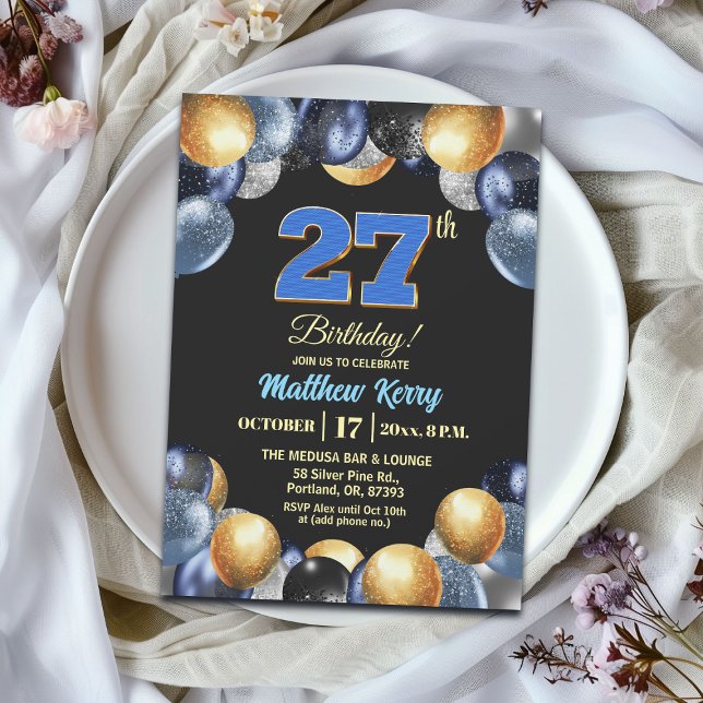 Invitation Fête d'anniversaire élégante bleu argent or 27 ans (Créateur téléchargé)