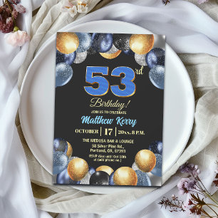Invitation Fête d'anniversaire élégante bleu argent or 53 ans