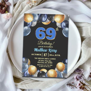 Invitation Fête d'anniversaire élégante bleu argent or 69 ans