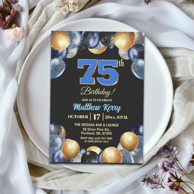 Invitation Fête d'anniversaire élégante bleu argent or 75 ans (Créateur téléchargé)