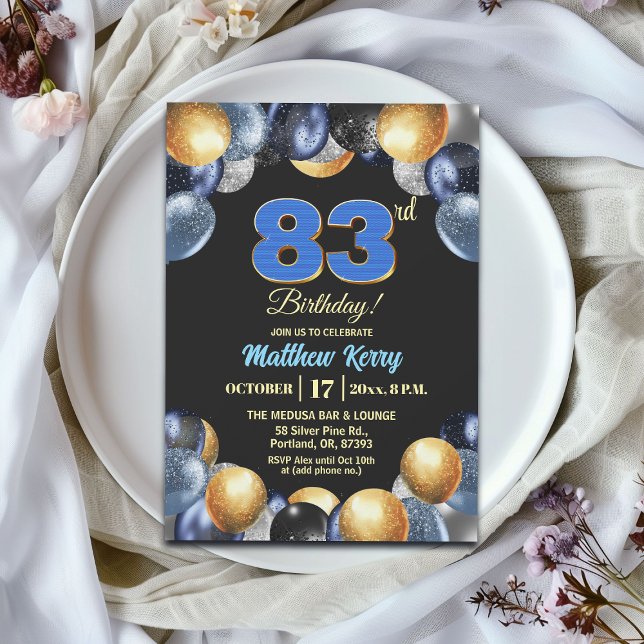 Invitation Fête d'anniversaire élégante Bleu Argent Or 83ème (Créateur téléchargé)