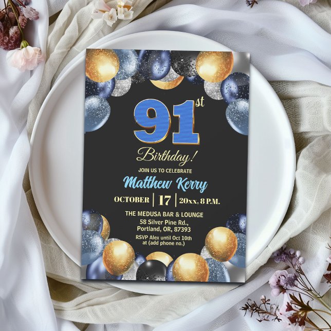 Invitation Fête d'anniversaire élégante bleu argent or 91 ans (Créateur téléchargé)