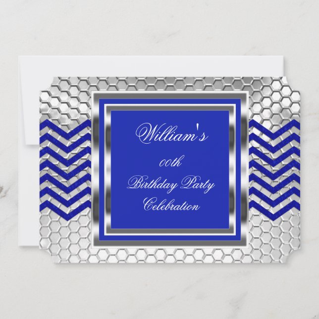 Invitation Fête d'anniversaire élégante bleu chevron argent p (Devant)