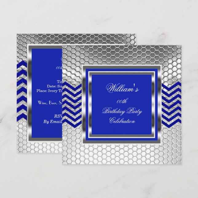 Invitation Fête d'anniversaire élégante bleu chevron argent p (Devant / Derrière)