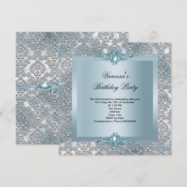 Invitation Fête d'anniversaire élégante bleu damas argent (Devant / Derrière)
