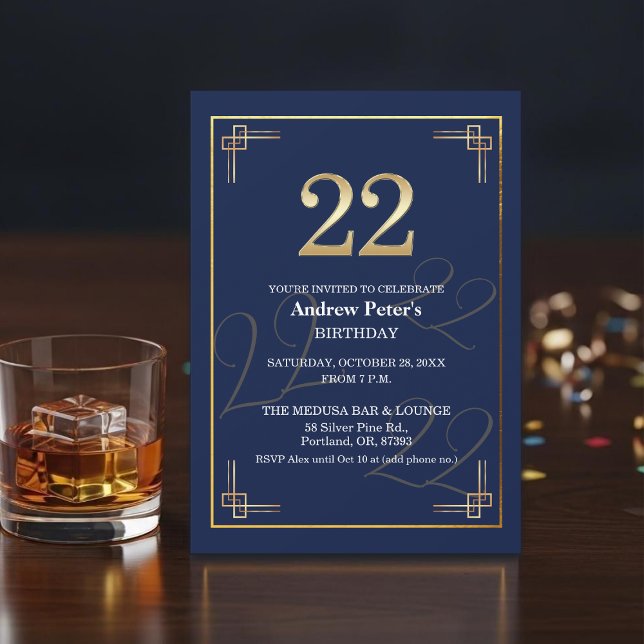Invitation Fête d'anniversaire élégante Bleu Or 22ème (Créateur téléchargé)