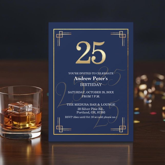 Invitation Fête d'anniversaire élégante Bleu Or 25 ans (Créateur téléchargé)