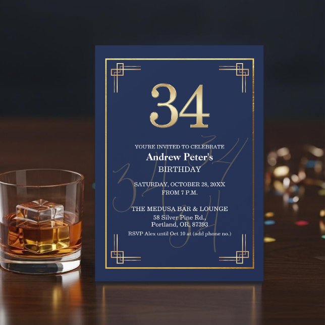 Invitation Fête d'anniversaire élégante Bleu Or 34 (Créateur téléchargé)