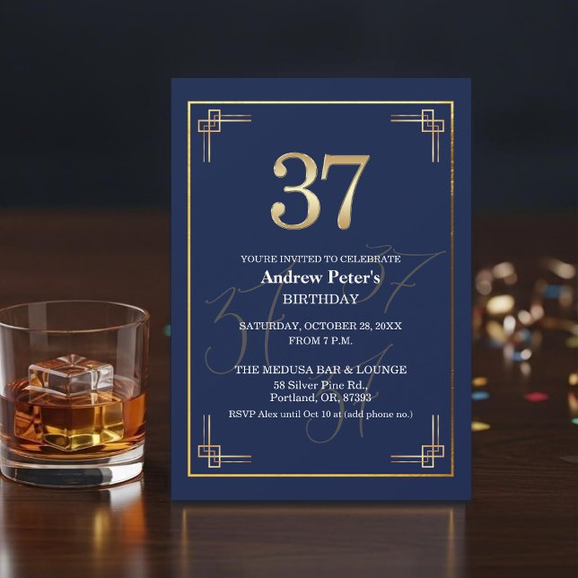 Invitation Fête d'anniversaire élégante Bleu Or 37ème (Créateur téléchargé)