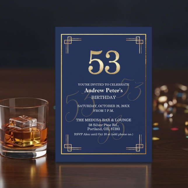 Invitation Fête d'anniversaire élégante Bleu Or 53 (Créateur téléchargé)